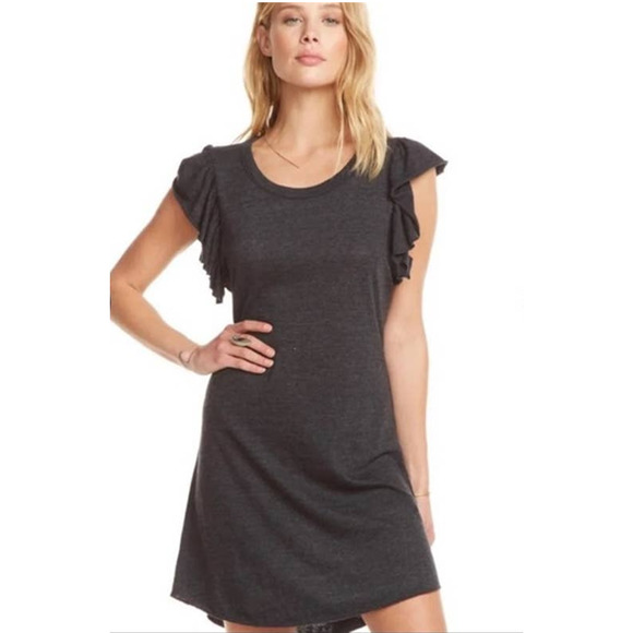 Chaser Vintage Triblend Flutter Sleeve Shirt Dress in Charcoal - Picture 2 of 7